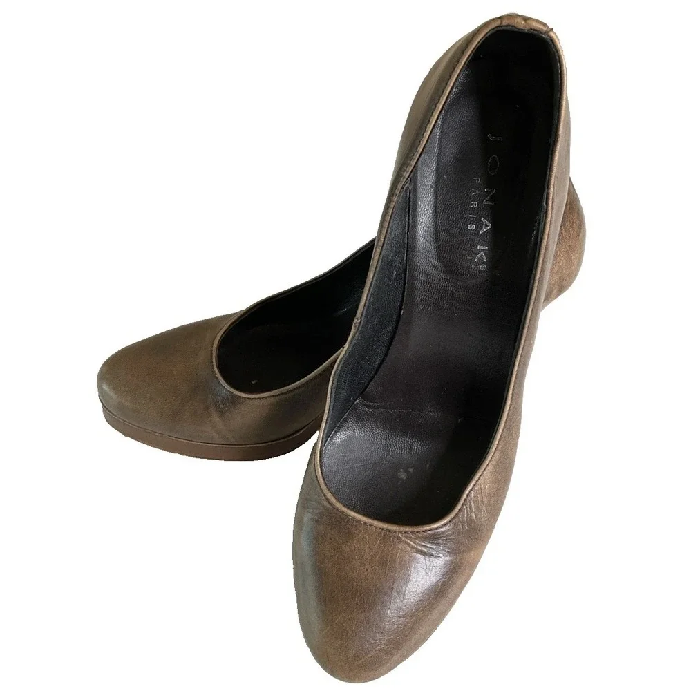 Jonak Paris Brown Leather Round Toe Block Platform Chunky Heels Retro Y2K 39 / 8
